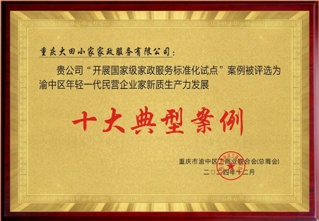 2024年12月大田小家被评选为

渝中区年轻一代民营企业家新质生产力

发展十大典型案例
